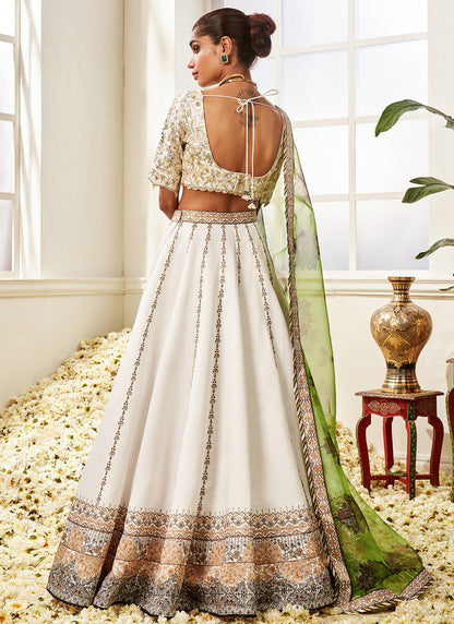 White and Green Floral Printed Lehenga