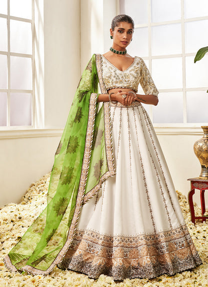 White and Green Floral Printed Lehenga