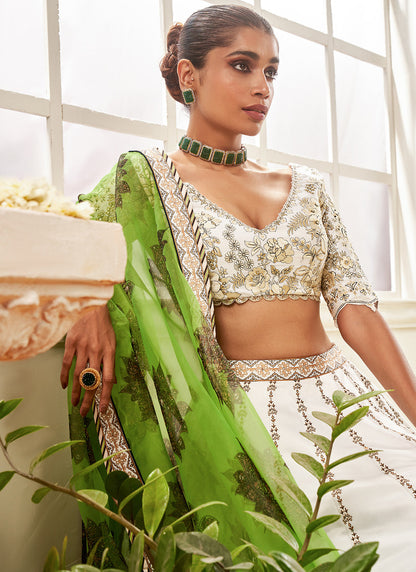 White and Green Floral Printed Lehenga