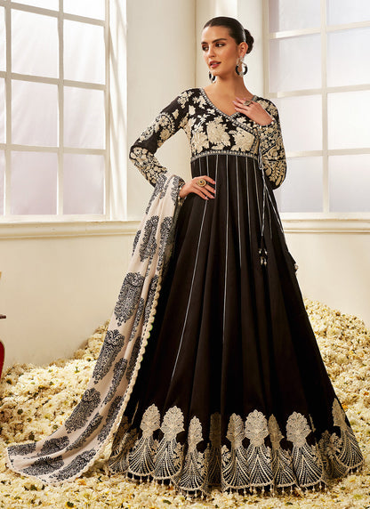 Black and White Floral Printed Anarkali