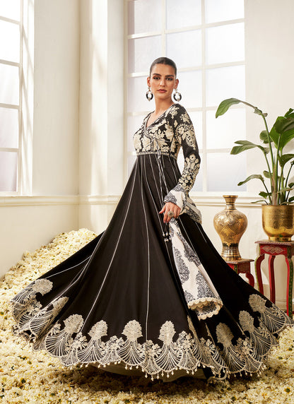 Black and White Floral Printed Anarkali