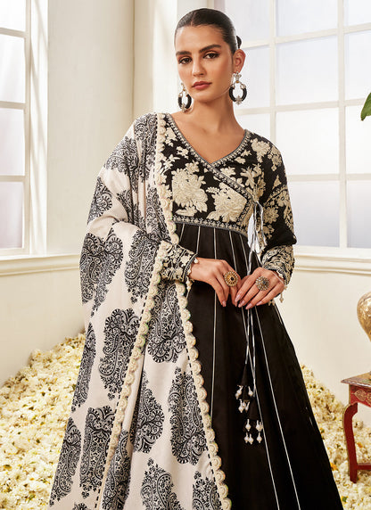 Black and White Floral Printed Anarkali