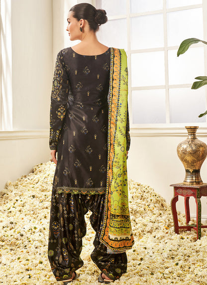 Black and Lime Green Floral Printed Patiala Suit