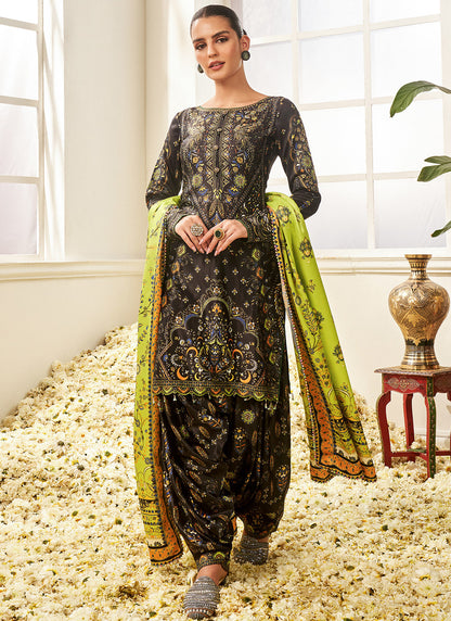 Black and Lime Green Floral Printed Patiala Suit