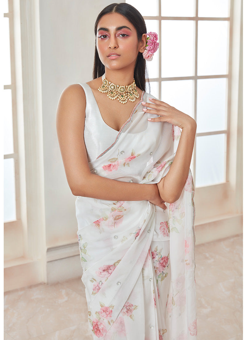 Women White Designer Floral Saree – mahezon