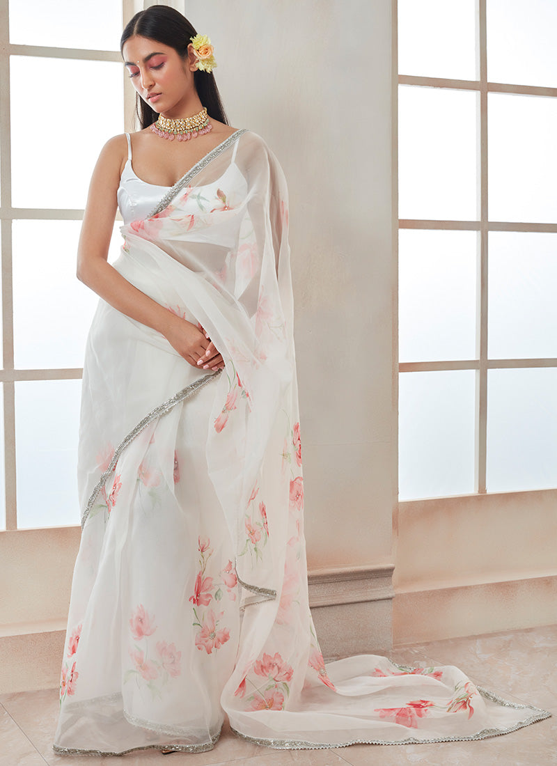 Shop Ashen Red Bloom Printed Chinon Pre Draped Saree for Women Online in  India at Aachho