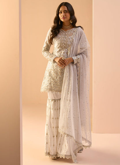 Dusty Blue and White Embroidered Gharara Suit