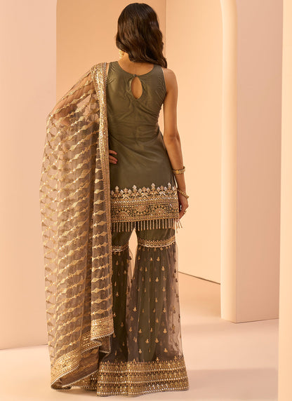 Dark Grey Embroidered Gharara Suit