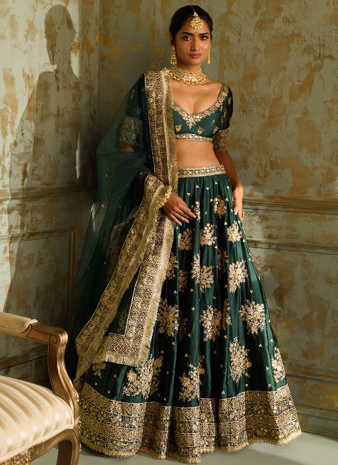 Buy Pretty Green and Golden Banglori Silk Lehenga Choli with Chiffon  Dupatta at best price - Gitanjali Fashions