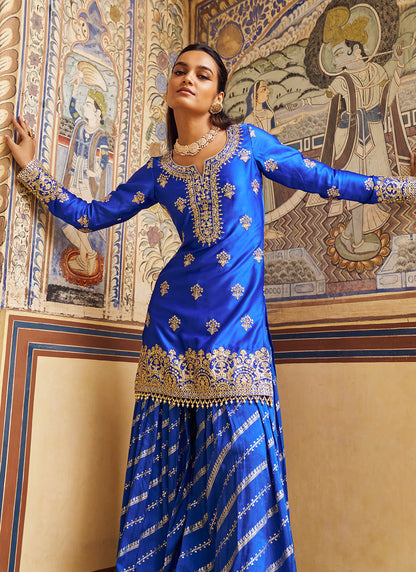 Blue Embroidered Brocade Sharara Suit