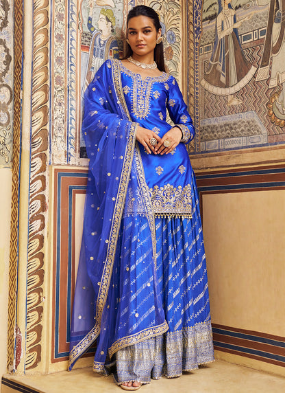 Blue Embroidered Brocade Sharara Suit