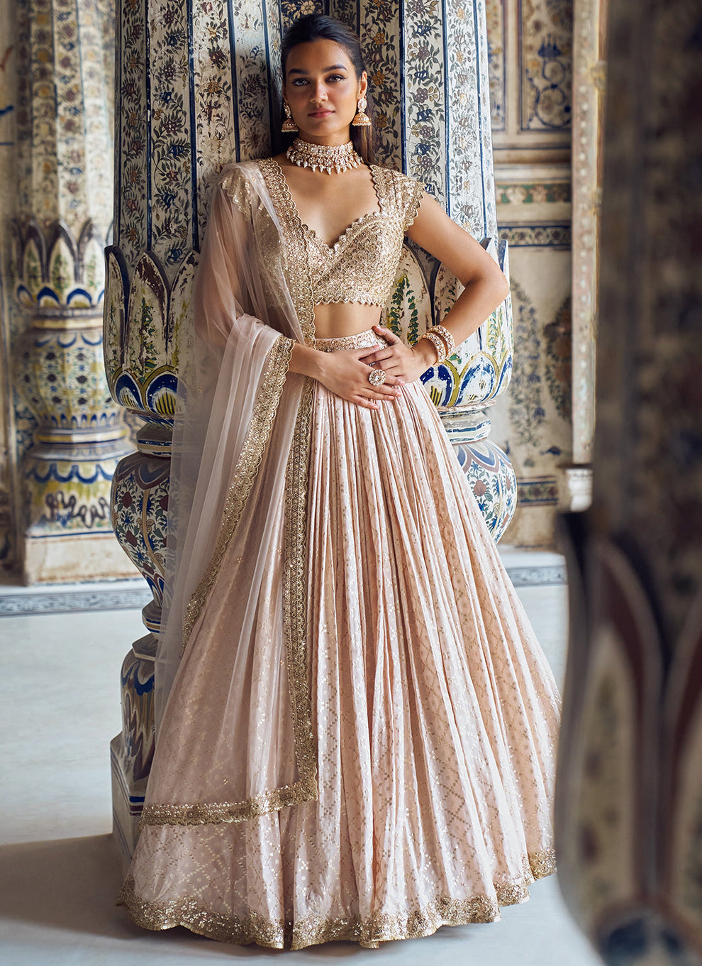 Nude and Gold Embroidered Lehenga – Lashkaraa India