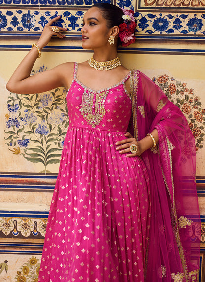 Hot Pink Hand Embroidered Brocade Anarkali