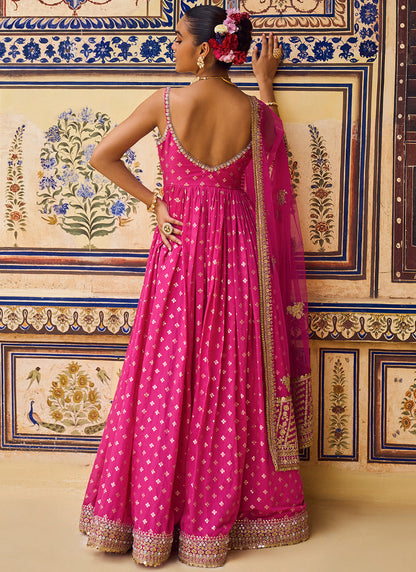 Hot Pink Hand Embroidered Brocade Anarkali