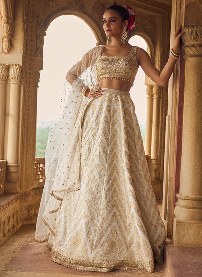 White Embroidered Brocade Lehenga