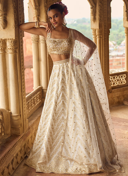 White Embroidered Brocade Lehenga