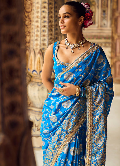 Blue Embroidered Brocade Saree