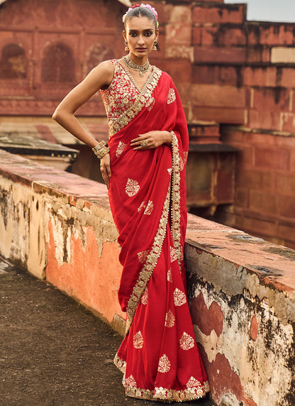 Red Embroidered Brocade Saree