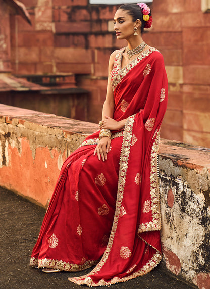 Red Embroidered Brocade Saree