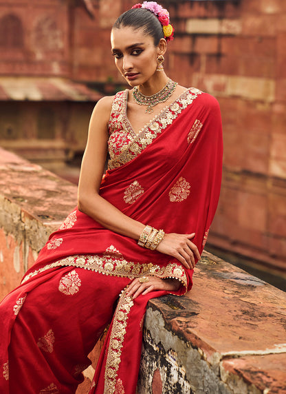 Red Embroidered Brocade Saree