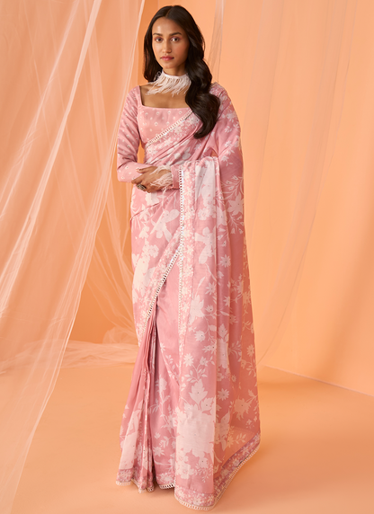 Peach White Floral Printed Saree