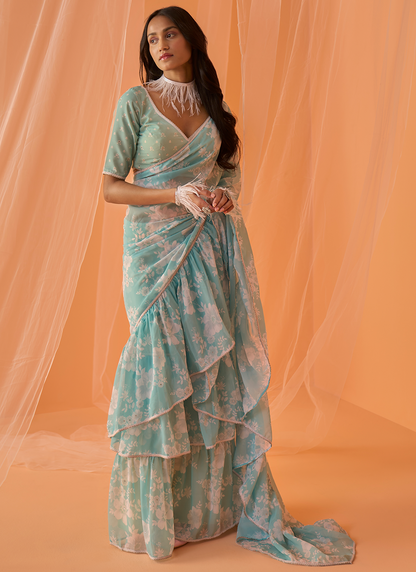 Mint Blue White Floral Printed Saree