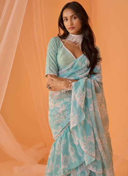 Mint Blue White Floral Printed Saree