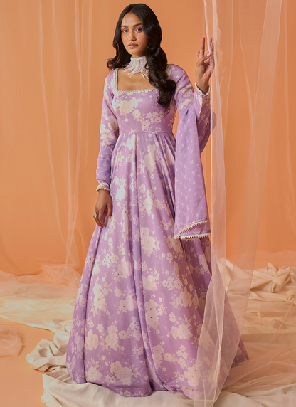 Lilac White Floral Printed Anarkali