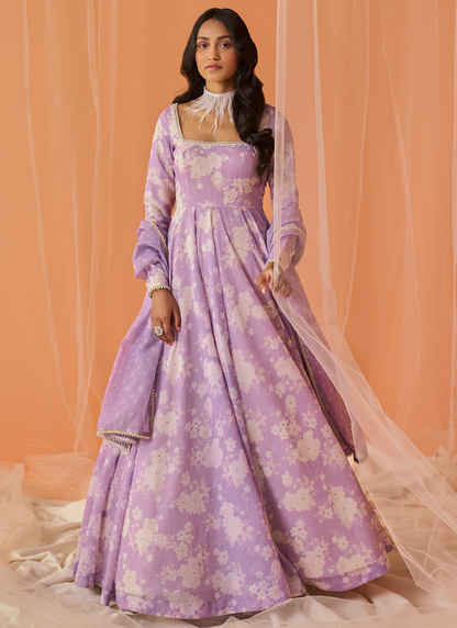 Lilac White Floral Printed Anarkali