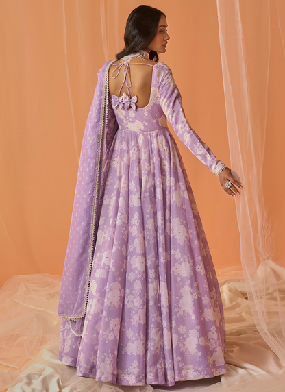 Lilac White Floral Printed Anarkali