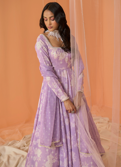 Lilac White Floral Printed Anarkali