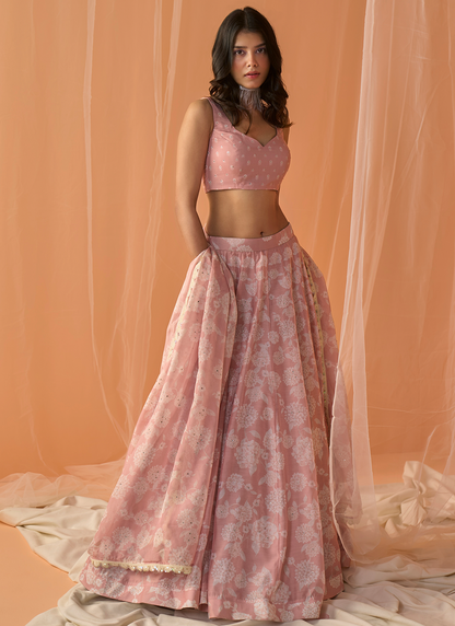 Peach White Floral Printed Lehenga