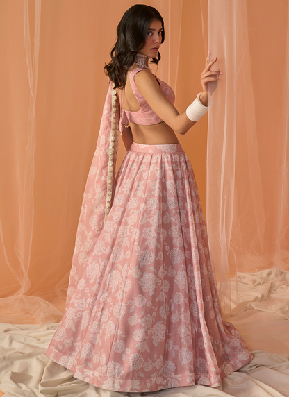 Peach White Floral Printed Lehenga