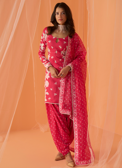 Hot Pink White Floral Printed Straight Suit