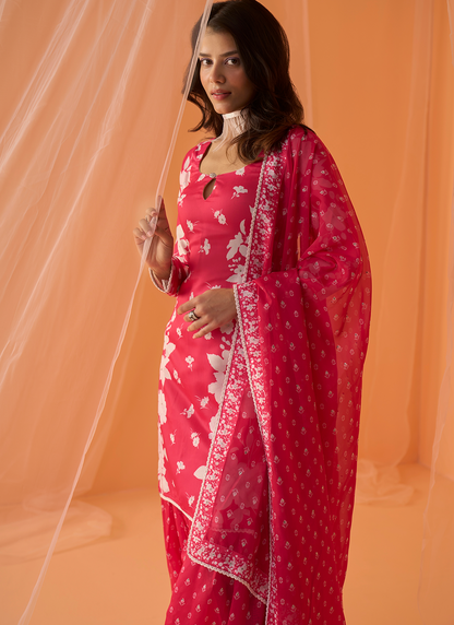 Hot Pink White Floral Printed Straight Suit