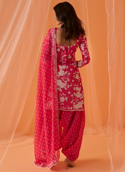 Hot Pink White Floral Printed Straight Suit