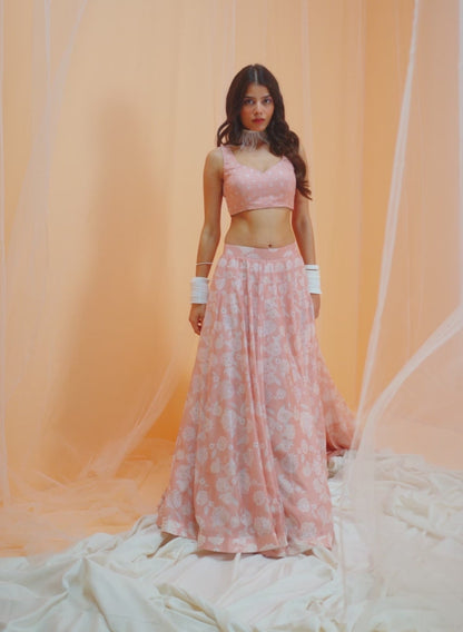 Peach White Floral Printed Lehenga