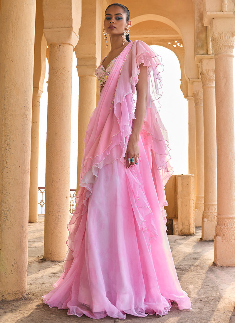 Pink Chiffon Organza Draped Ruffle Saree Set Design by Ridhi Mehra at  Pernia's Pop Up Shop 2024