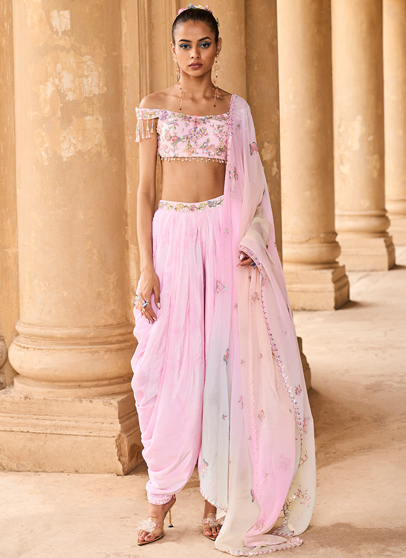 Soft Pink Off Shoulder Dhoti Style Suit