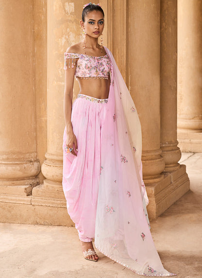 Soft Pink Off Shoulder Dhoti Style Suit