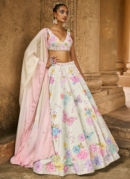 Light Green Embellished Velvet Lehenga