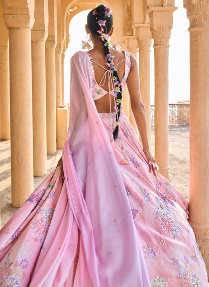 Peachy Pink Embellished Velvet Lehenga