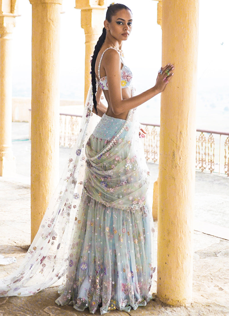 Buy White Botanical Flower Butta Printed Lehenga with Embroidered Blouse  Online At Zeel Clothing